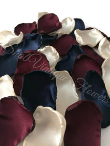 Burgundy, ivory, & navy blue flower petals, flower girl petals, wedding aisle decor