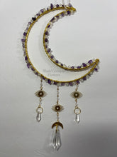 Load image into Gallery viewer, Moon Suncatcher, glass bead crystals, amethyst gemstones, gifts for anyone, year round decorations