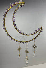 Load image into Gallery viewer, Moon Suncatcher, glass bead crystals, amethyst gemstones, gifts for anyone, year round decorations
