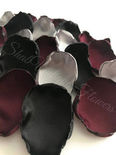 Load image into Gallery viewer, Burgundy, black and silver flower petals, rose petals, table decor, flower girl petals, wedding decor, party decor
