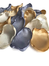 Load image into Gallery viewer, Dusty Blue Ivory Gold flower petals, Flower Girl Petals, Wedding Aisle Decor, Fall Rustic Wedding, Cake table decor