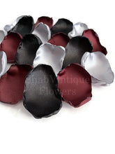 Load image into Gallery viewer, Burgundy, black and silver flower petals, rose petals, table decor, flower girl petals, wedding decor, party decor