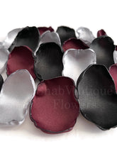 Load image into Gallery viewer, Burgundy, black and silver flower petals, rose petals, table decor, flower girl petals, wedding decor, party decor